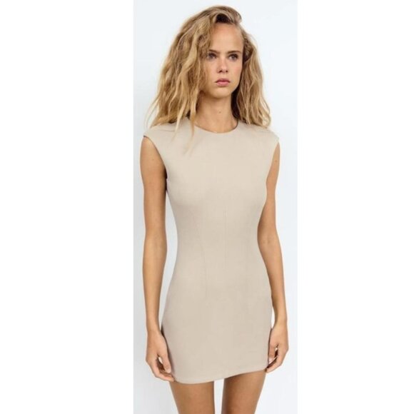 Zara Dresses & Skirts - Zara Sheath Dress S Beige Sleeveless Tailored Cotton Blend Minimalist NWOT